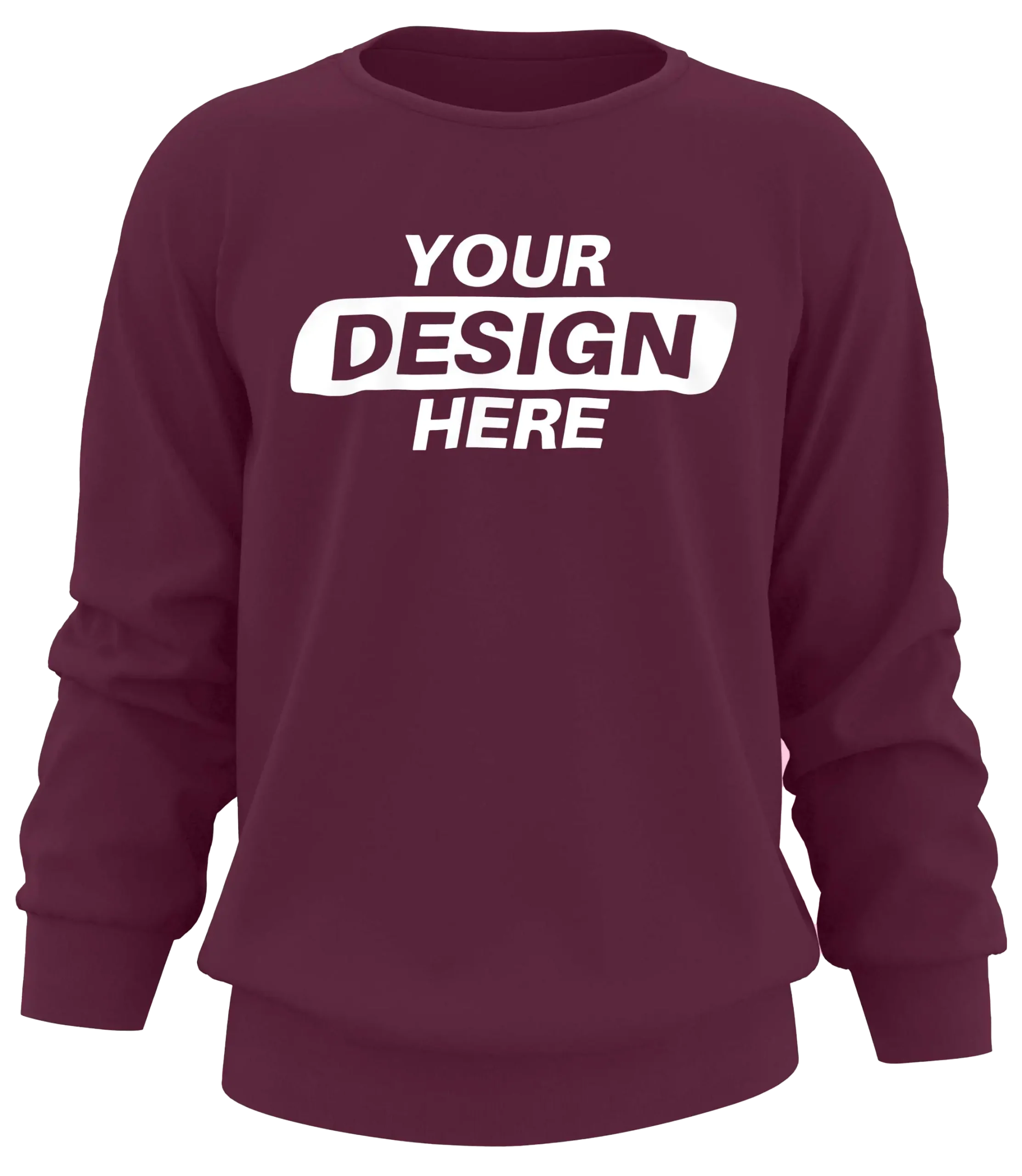 Maroon custom crewneck sweatshirt with the text 'Your Design Here,' demonstrating a blank template for personalized screen printing or embroidery.