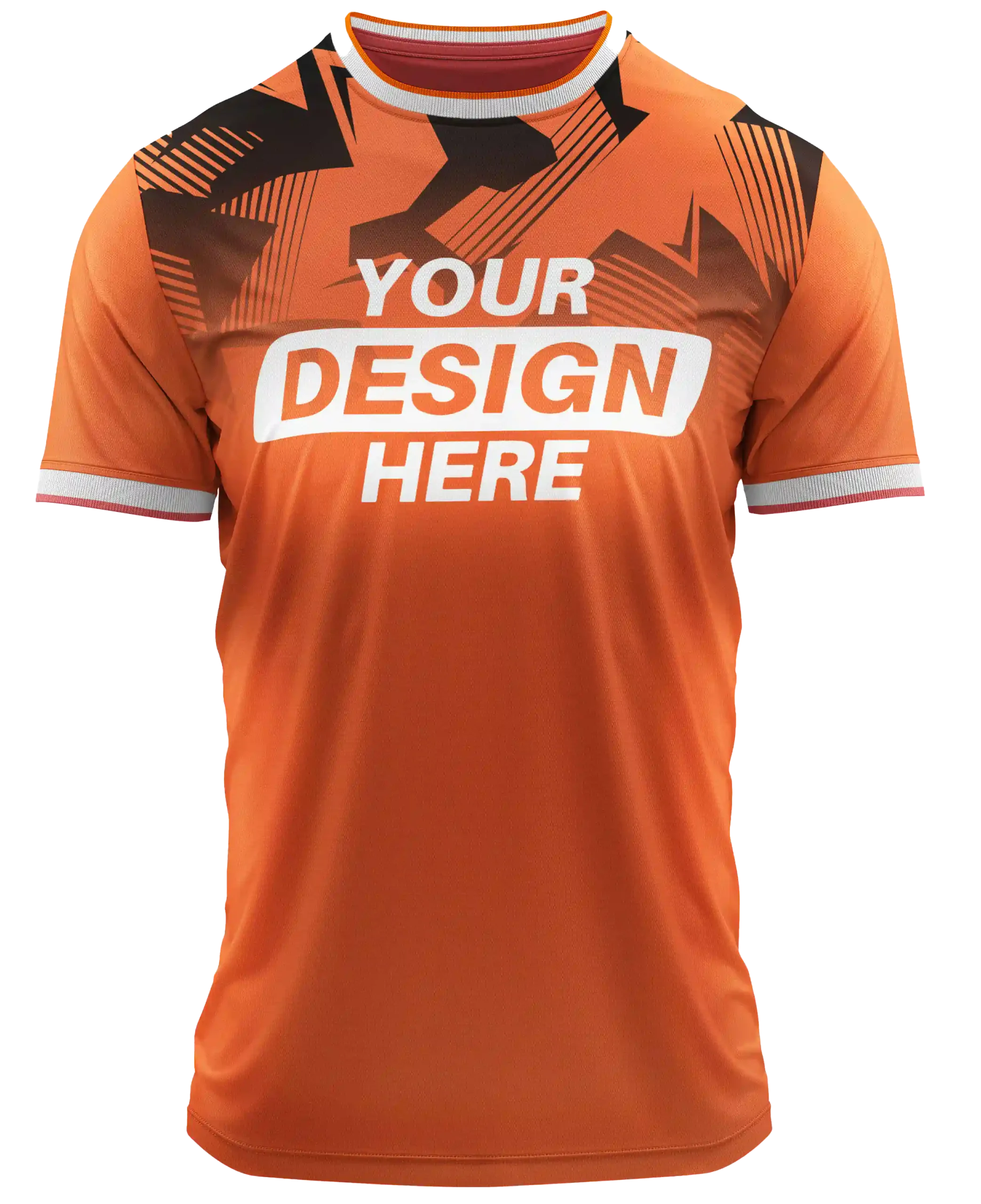Custom orange team jersey with bold graphic accents and the text 'Your Design Here' in the center, ideal for personalized sportswear and screen printing.